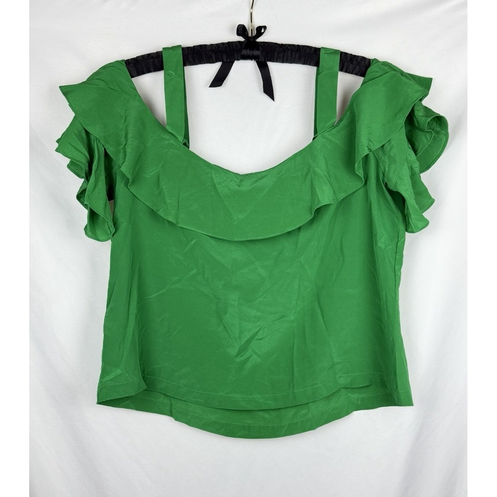 NWT J.Crew 100% Silk Cold‎ Shoulder Ruffle Blouse Emerald Green Chic Top Size 14